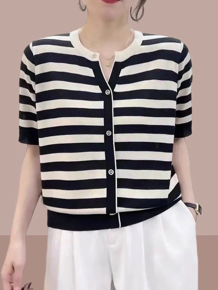 얼음 실크 반팔 티셔츠 여성 V넥 스트라이프 니트 스웨터 2026 여름 드레스 새로운 맨위 서비스 폭발 빅 사이즈 여성 의류 반소매