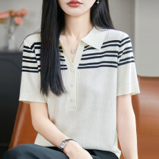 批发POLO领条纹拼色短袖T恤女精纺羊毛衫针织上衣宽松半袖坑条打底衫