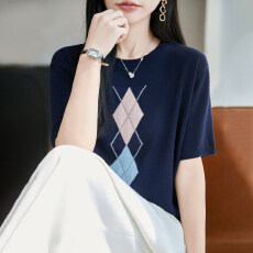 批发学院风菱形格提花针织短袖t恤女女圆领百搭上衣显瘦休闲半袖