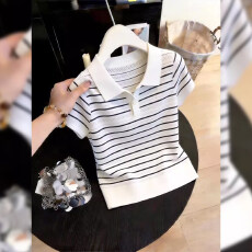 批发2026<b class='q'>夏</b>季新款女士时尚通勤百搭条纹短袖针织衫洋气减龄plo领上衣