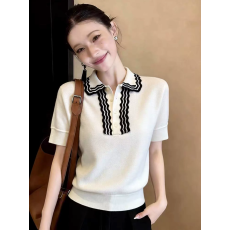 批发巨好看韩系气质白色翻领针织衫女2026<b class='q'>夏</b>季新款短袖小个子通勤上衣