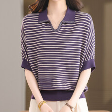 批发韩版大码女<b class='q'>春</b>夏条纹POLO领针织短袖翻领烫钻遮肚宽松显瘦冰丝上衣