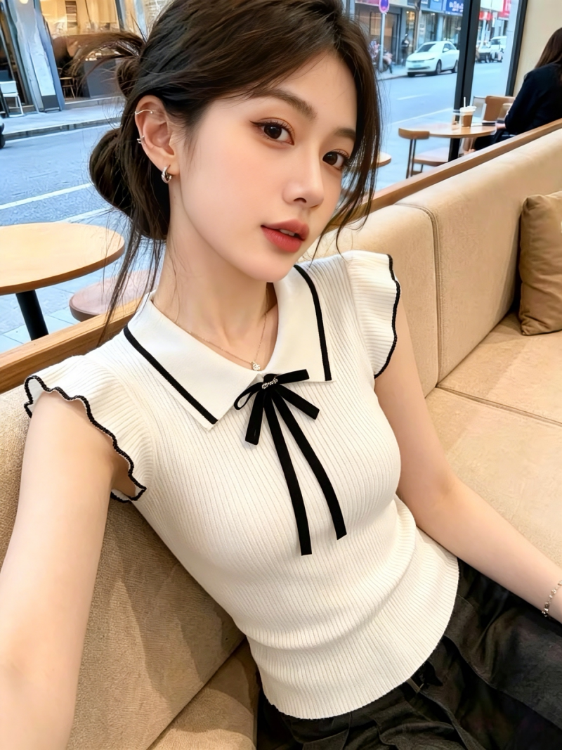 한 부서 연령 감소 외국 가스 작은 날다 소매 짠 셔츠 여성 여름 순수한 욕망 나비 매듭 몸매 가꾸기 맨위