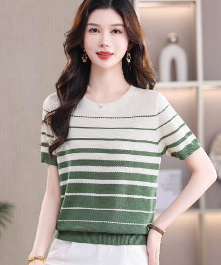 2026 여름 드레스 반팔 새로운 얼음 실크 티셔츠 여성 작은 셔츠 여름 패션 얇은 스트라이프 뽕나무 누에 실크 맨위