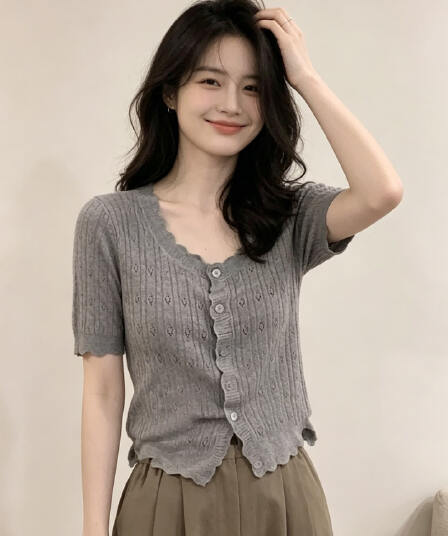 한 부서 목이버섯 레이스 회색 홀로우 아웃 반팔 니트 오픈 가디건 여성 2026 여름 슬림해 보이는 얇은 스타일 연령 감소 맨위