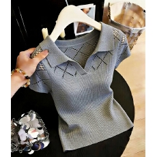 批发遮肚螺纹<b class='q'>镂空</b>冰丝短袖<b class='q'>针织衫</b>女夏季薄款翻领T恤宽松减龄上衣