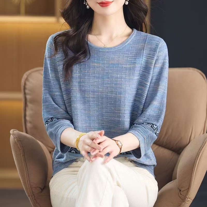중년 엄마 봄 여름 맨위 여성 뽕나무 누에 실크 7부 소매 티셔츠 루즈핏 빅 사이즈 얼음 실크 니트 라운드 넥 기본 셔츠