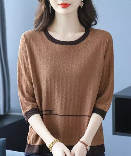 엄마 외국 가스 뽕나무 누에 실크 7부 소매 티셔츠 맨위 봄 여름 새로운 중년 여성 루즈핏 빅 사이즈 니트 작은 셔츠