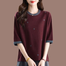 批发中年妈妈新款七分袖针织衫女<b class='q'>秋</b>装宽松大码薄款桑蚕丝中袖t恤上衣