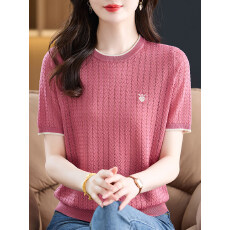 批发2026夏季新款时尚百搭圆领女冰丝衫<b class='q'>妈妈装</b>气质设计感宽松显瘦短袖