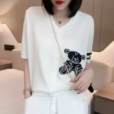 批发2026夏季薄款减龄宽松小熊刺绣V领短袖冰丝针织开衫