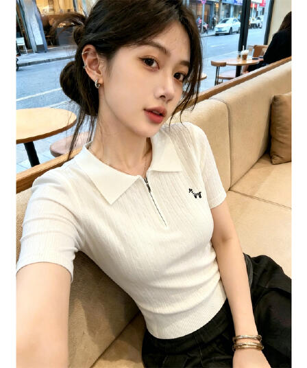 한 부서 폴로 칼라 지퍼 자수 꽈배기 반팔 니트 스웨터 여성 2026 여름 새로운 몸매 가꾸기 슬림해 보이는 외국 가스 맨위