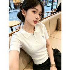 批发韩系翻领拉链刺绣麻花短袖针织衫女2026夏季新款修身显瘦洋气上衣