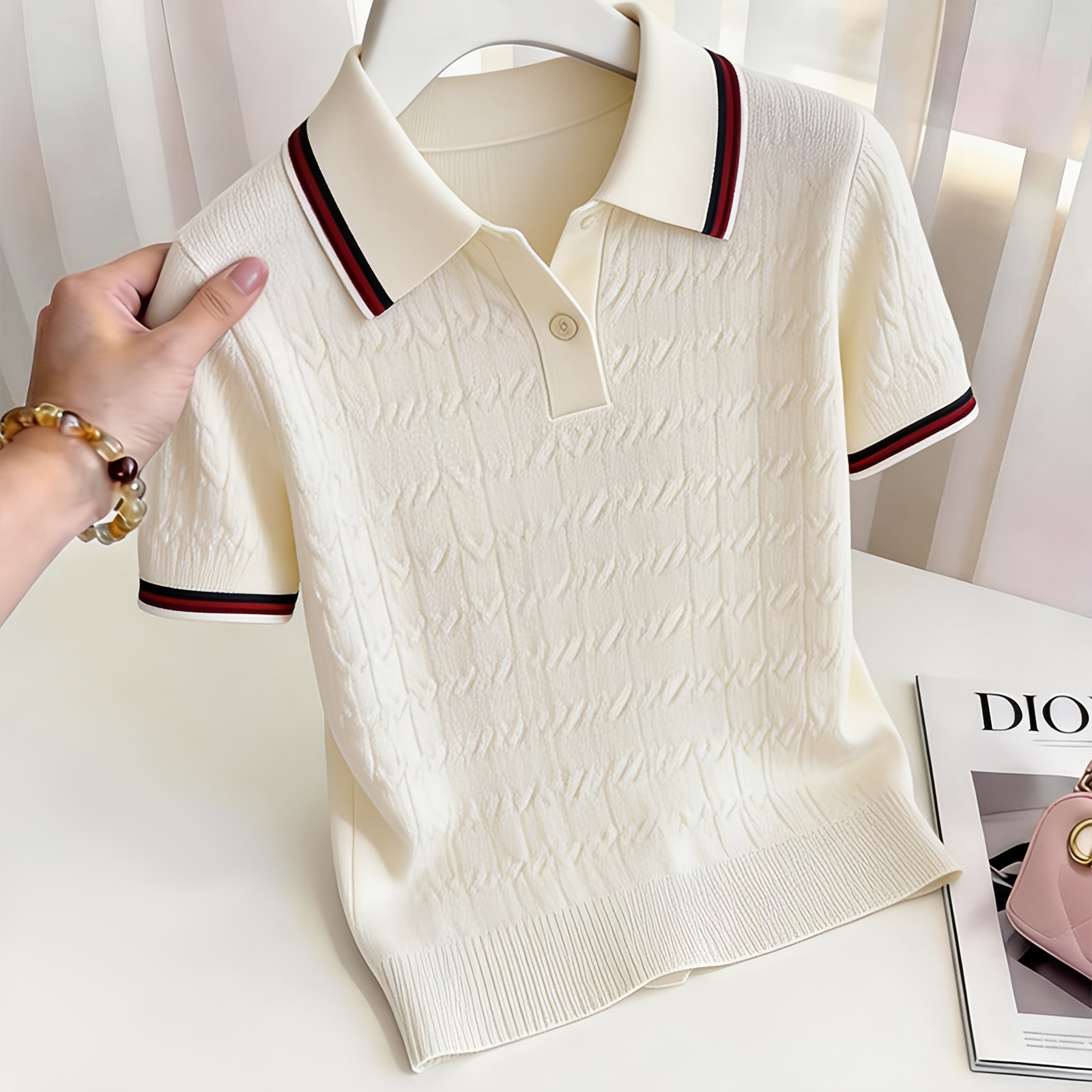 한 부서 작은 대중 연령 감소 배색 POLO 칼라 반팔 니트 스웨터 여성 여름 자수 출퇴근 몸매 가꾸기 연령 감소 짧은 맨위