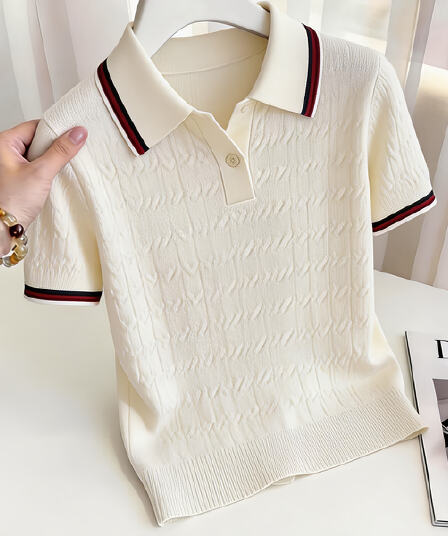한 부서 작은 대중 연령 감소 배색 POLO 칼라 반팔 니트 스웨터 여성 여름 자수 출퇴근 몸매 가꾸기 연령 감소 짧은 맨위
