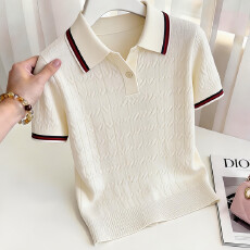 批发韩系小众减龄撞色POLO领短袖针织衫女夏季刺绣通勤修身减龄短上衣