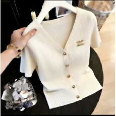 批发2026夏季新款女士灰色休闲气质V领短袖针织衫时尚通勤显瘦上衣服