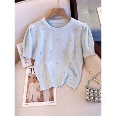 批发女装圆领钉珠短袖针织衫女2026春夏欧货洋气显瘦上衣