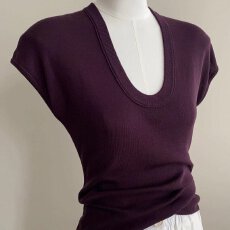 批发天丝紫色u领针织正肩短袖t恤女薄款夏季洋气独特别致修身显瘦上衣