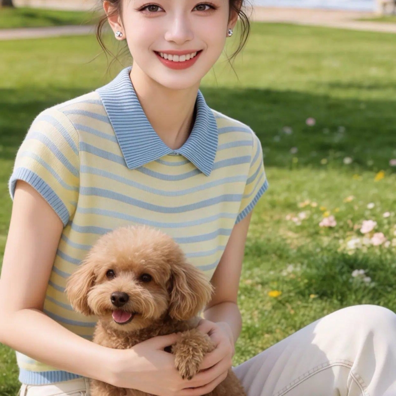 여름 새로운 한 부서 연령 감소 여성 슈퍼 잘 생긴 슬림해 보이는 품격 폴로 칼라 스트라이프 반팔 니트 티셔츠 외국 가스 작은 셔츠