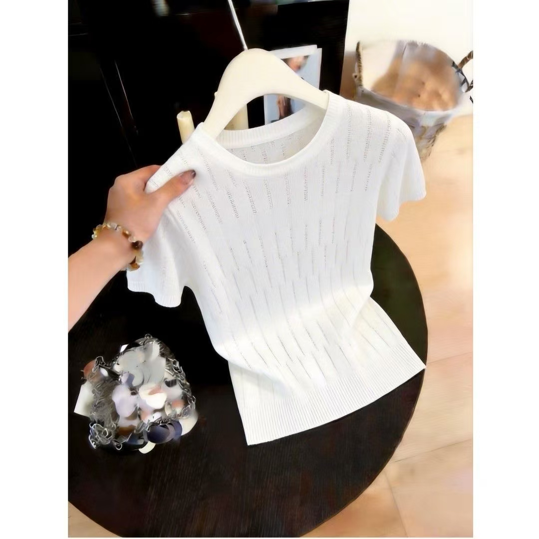 살구 색상 라운드 넥 반팔 니트 티셔츠 여성 여름 2026 새로운 품격 루즈핏 표지 고기 슬림해 보이는 홀로우 아웃 얇은 스타일 맨위