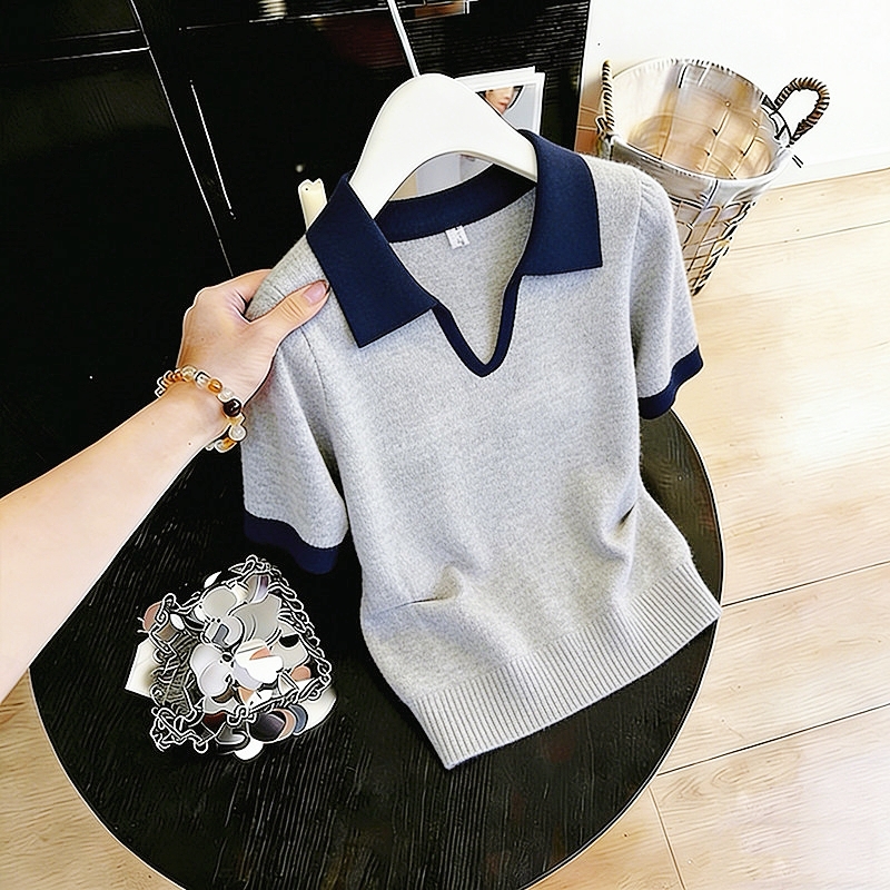 POLO 칼라 배색 반팔 니트 스웨터 티셔츠 여성 2026 년 여름 얇은 스타일 슬림해 보이는 다용도 품격 맨위