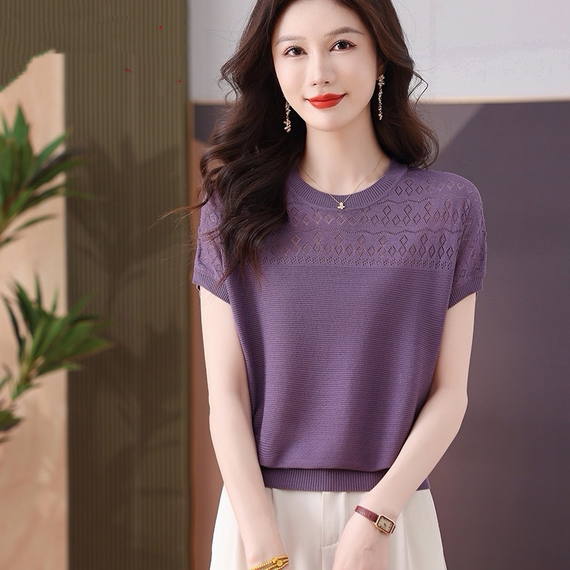 여름 뽕나무 누에 실크 반팔 홀로우 아웃 라운드 넥 티셔츠 여성 루즈핏 얇은 스타일 얼음 실크 니트 맨위 박쥐 셔츠