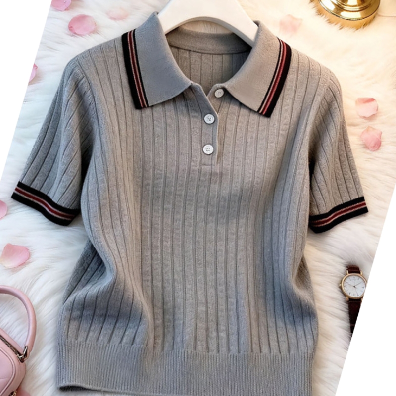 유럽 상품 POLO 칼라 스트라이프 긍정적 인 어깨 니트 반팔 티셔츠 여성 2026 여름 얇은 스타일 지방 mm 쇼트 스타일 동정 맨위