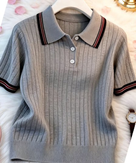 유럽 상품 POLO 칼라 스트라이프 긍정적 인 어깨 니트 반팔 티셔츠 여성 2026 여름 얇은 스타일 지방 mm 쇼트 스타일 동정 맨위