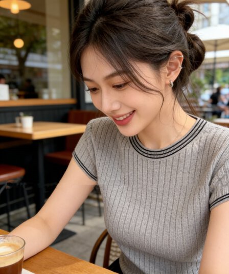 여름 출퇴근 몸매 가꾸기 라운드 넥 배색 스트라이프 반팔 니트 스웨터 여성 회색 디자인 센스 패션 미니멀리즘 맨위 여성