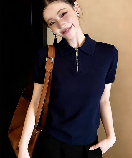 2026 년 여름 POLO 칼라 지퍼 반팔 루즈핏 패션 다용도 출퇴근 티셔츠 맨위 여성