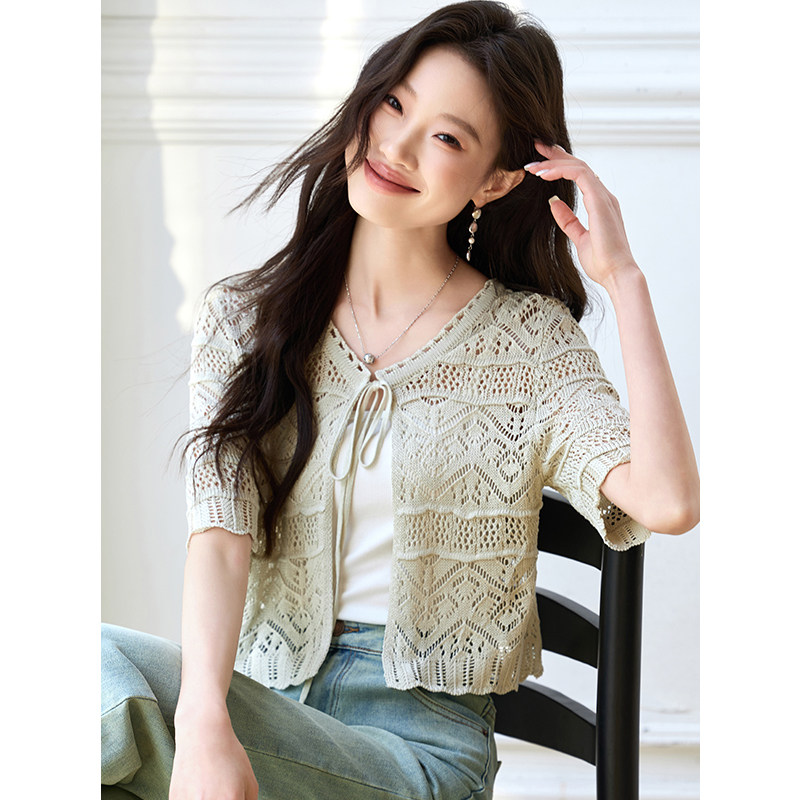 홀로우 아웃 반팔 니트 오픈 가디건 여성 짧은 여름 조립 슬립 외부 가져 가라. 얼음 실크 블라우스 얇은 스타일 작은 숄 재킷