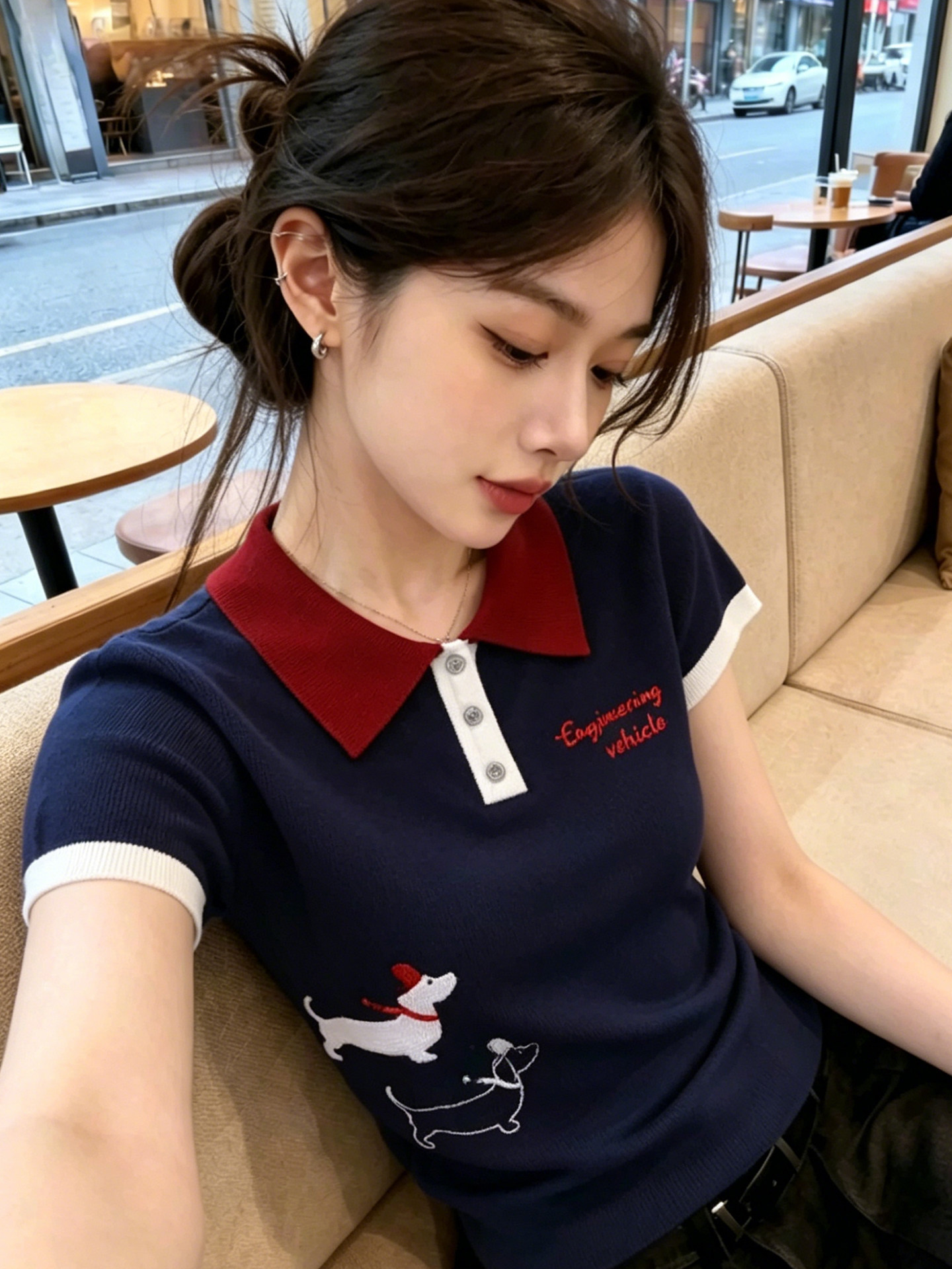 한국 스타일 POLO 칼라 배색 디자인 센스 반팔 티셔츠 여름 새로운 강아지 알파벳 자수 캐주얼 니트 맨위