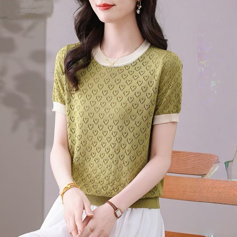 홀로우 아웃 얇은 스타일 패션 반팔 티셔츠 여성 라운드 넥 여름 새로운 맨위 다용도 슬림해 보이는 경기 치마 니트 스웨터