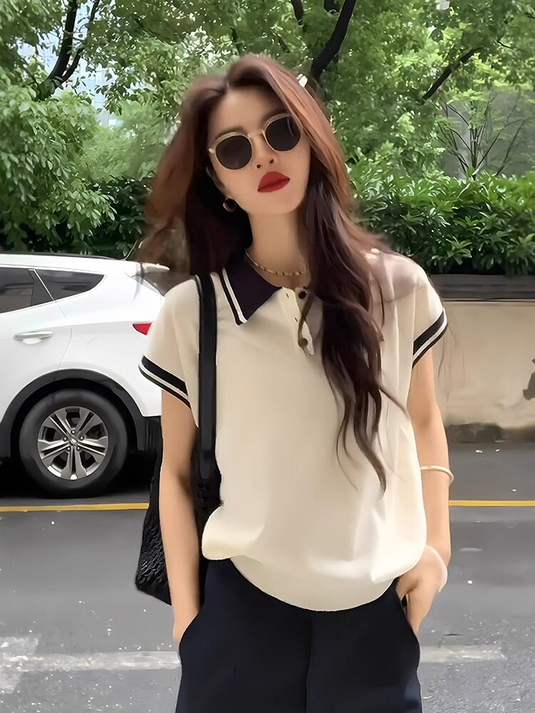 작은 키 화이트 POLO 칼라 니트 얼음 실크 Feifei 소매 쇼트 스타일 맨위 자이언트 잘 생긴 긍정적 인 어깨 반팔 티셔츠 여성 여름