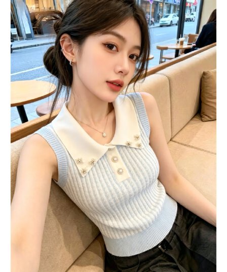 비즈 박기 꽃 POLO 칼라 민소매 니트 조끼 여성 2026 여름 새로운 달콤함 다용도 맨위