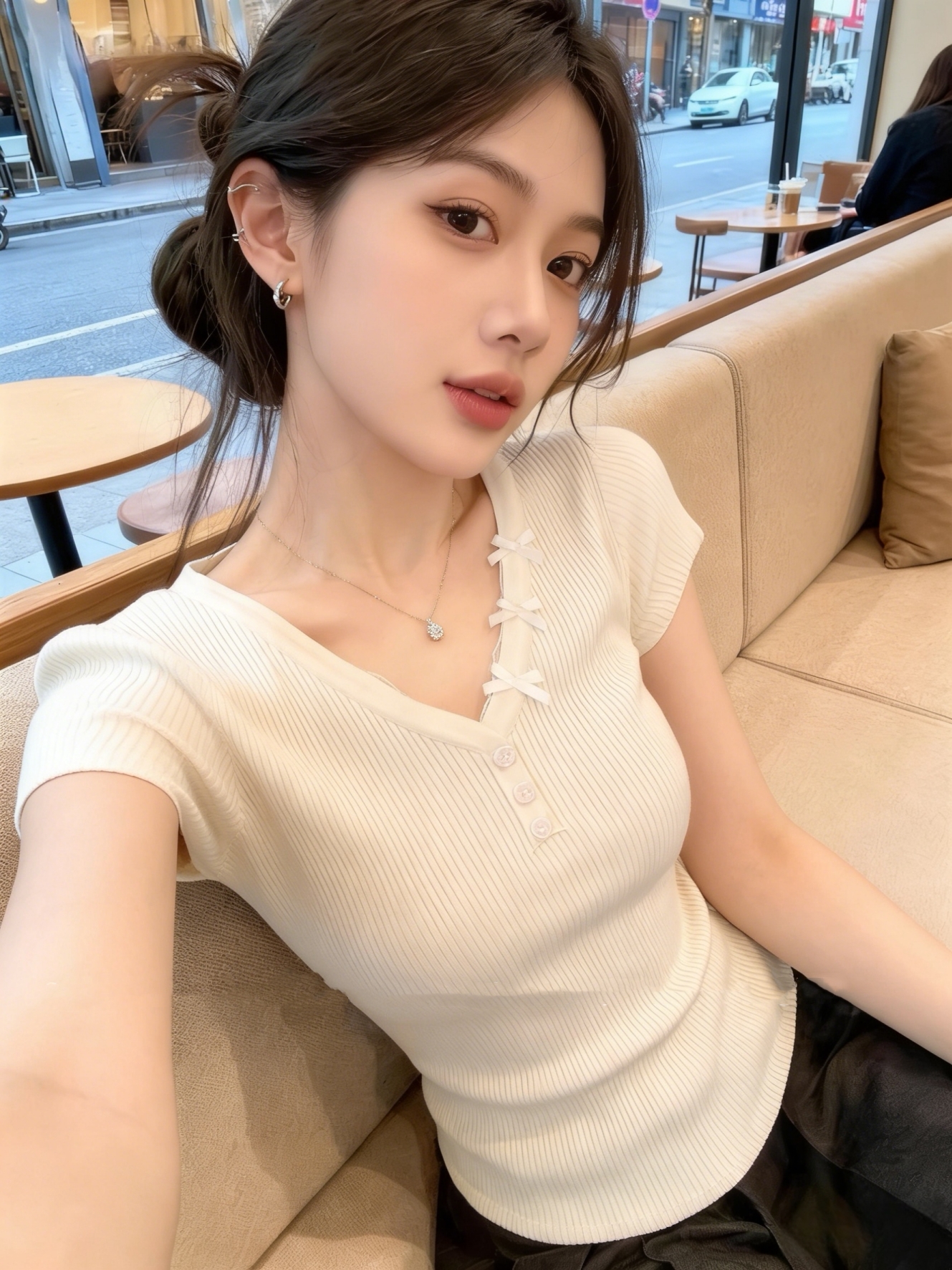 여름 한 부서 레이스 레이스 품격 V넥 반팔 니트 스웨터 여성 나비 매듭 단추 몸매 가꾸기 슬림해 보이는 맨위 여성