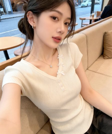여름 한 부서 레이스 레이스 품격 V넥 반팔 니트 스웨터 여성 나비 매듭 단추 몸매 가꾸기 슬림해 보이는 맨위 여성
