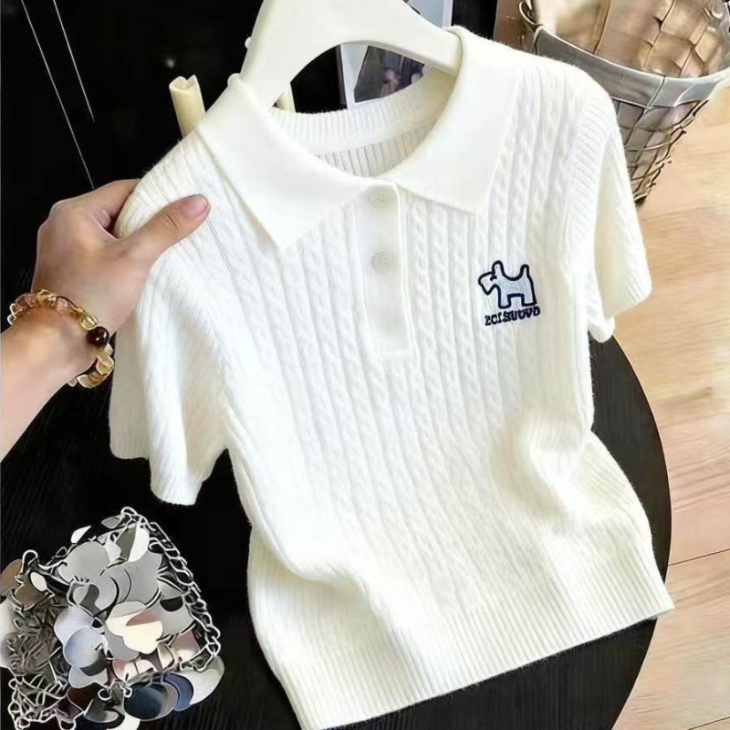 새로운 2026 여름 한 부서 학원 스타일 자수 강아지 POLO 칼라 꽈배기 반팔 니트 티셔츠