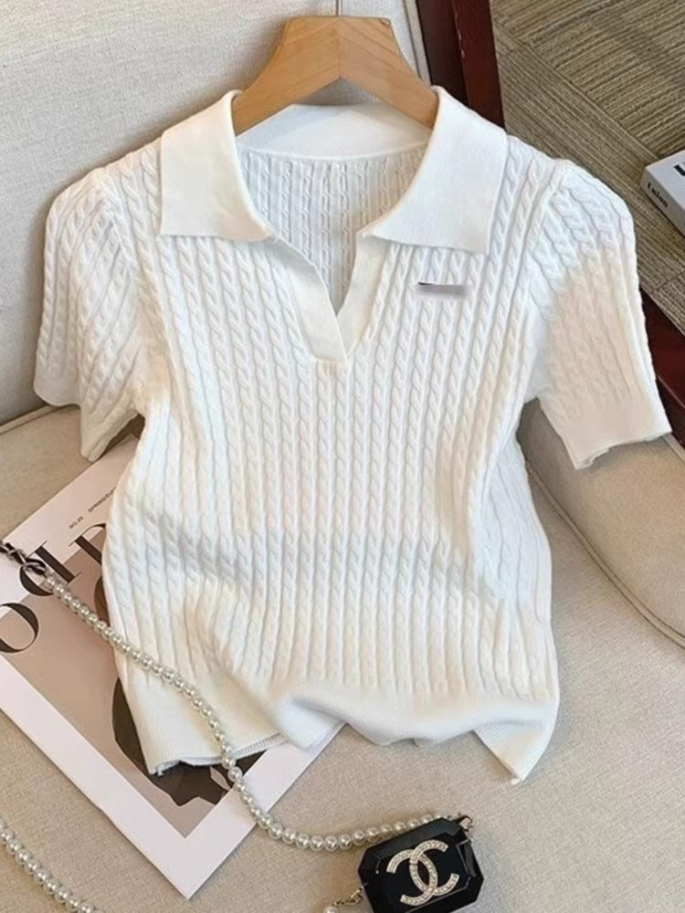POLO 칼라 얼음 실크 니트 반팔 티셔츠 여성 2026 여름 빅 사이즈 루즈핏 슬림해 보이는 꽈배기 동정 맨위