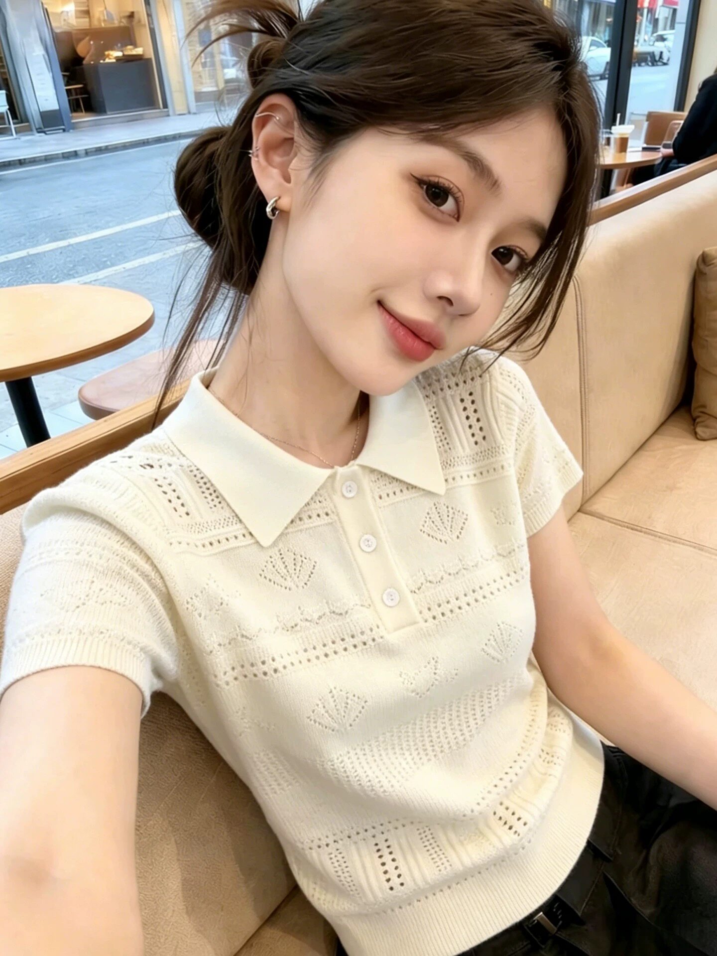 한 부서 자수 홀로우 아웃 폴로 칼라 얼음 실크 니트 반팔 여성 여름 외출용 고급 센스 슬림해 보이는 POLO 셔츠 미니멀리즘 맨위