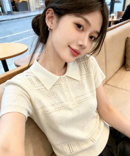 한 부서 자수 홀로우 아웃 폴로 칼라 얼음 실크 니트 반팔 여성 여름 외출용 고급 센스 슬림해 보이는 POLO 셔츠 미니멀리즘 맨위