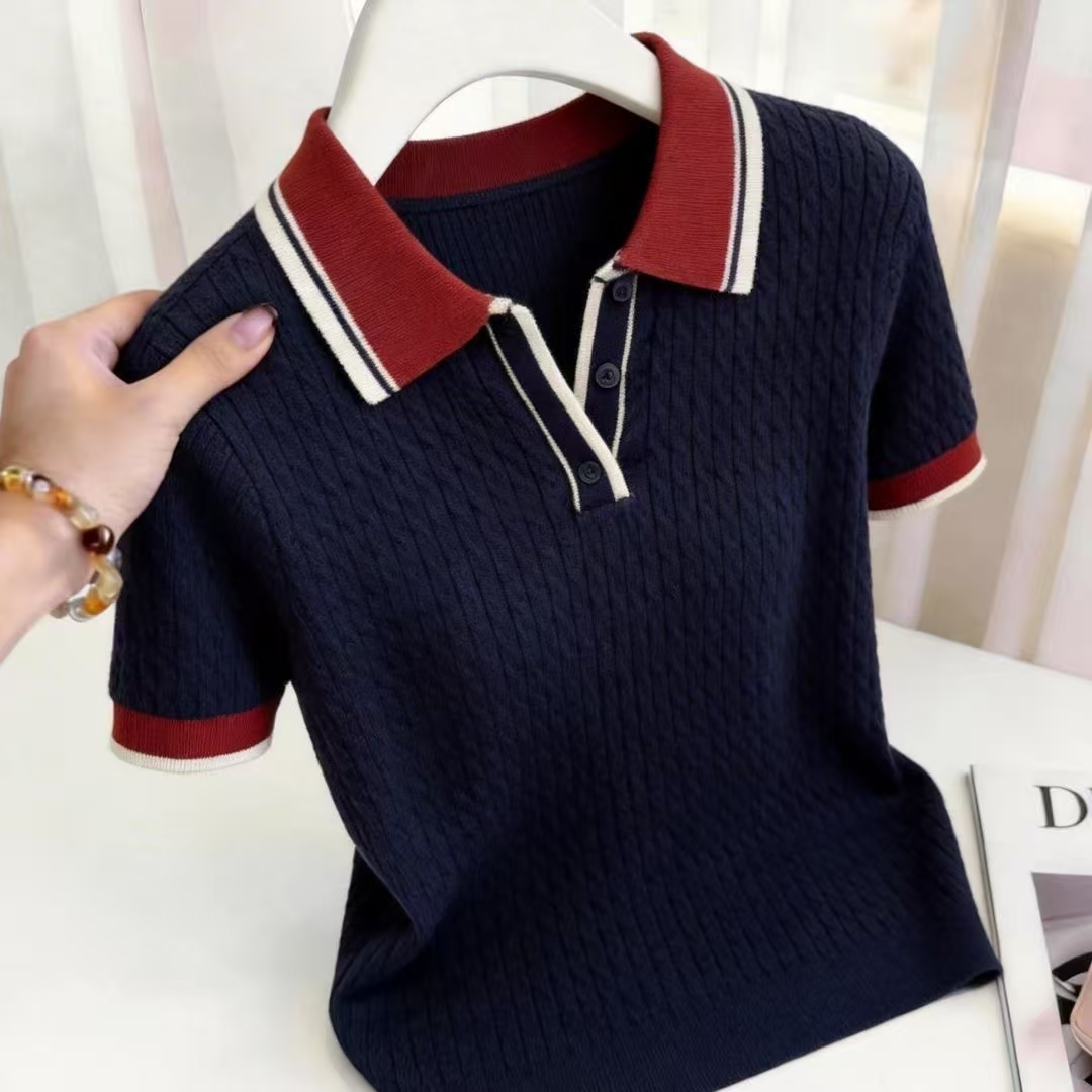 블루 색상 POLO 칼라 긍정적 인 어깨 반팔 티셔츠 여성 2026 새로운 여름 빅 사이즈 지방 mm 슬림해 보이는 얼음 실크 얇은 스타일 맨위
