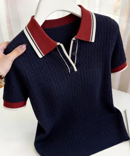 블루 색상 POLO 칼라 긍정적 인 어깨 반팔 티셔츠 여성 2026 새로운 여름 빅 사이즈 지방 mm 슬림해 보이는 얼음 실크 얇은 스타일 맨위