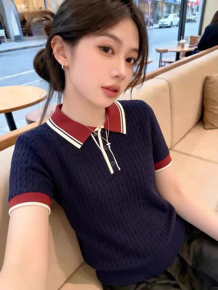 블루 색상 POLO 칼라 긍정적 인 어깨 니트 반팔 티셔츠 여성 2026 새로운 여름 빅 사이즈 지방 mm 외국 가스 작은 셔츠 맨위