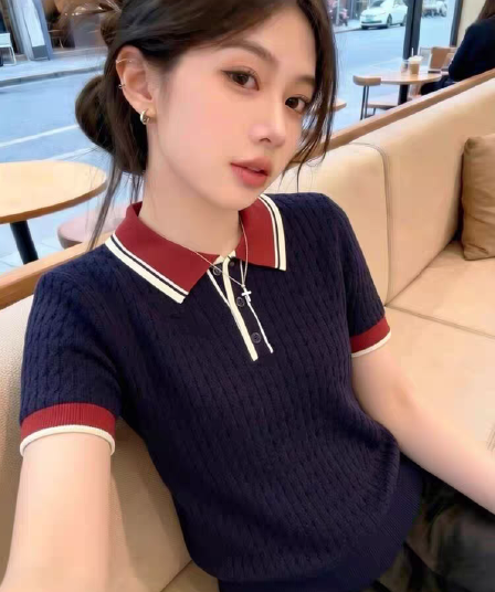 블루 색상 POLO 칼라 긍정적 인 어깨 니트 반팔 티셔츠 여성 2026 새로운 여름 빅 사이즈 지방 mm 외국 가스 작은 셔츠 맨위