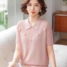 批发2026新款妈妈夏装短袖<b class='q'>翻领</b><b class='q'>t</b><b class='q'>恤</b>冰丝中老年人女装夏季洋气上衣套装