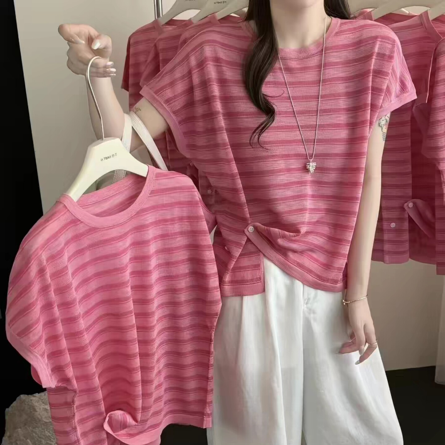 한 부서 유럽 상품 딸기 분말 대나무 마디 마 티셔츠 달콤함 밑단 트임 스트라이프 작은 디자인 맨위 루즈핏 캐주얼 여성