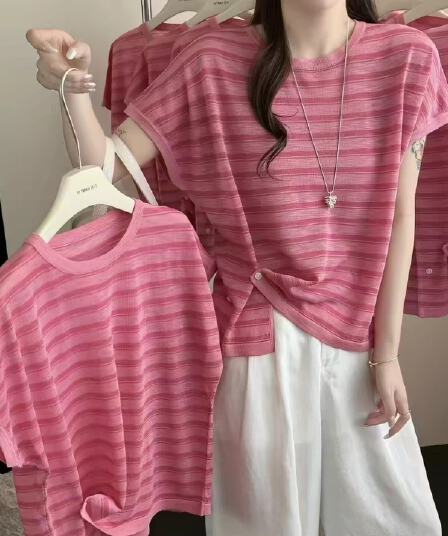 한 부서 유럽 상품 딸기 분말 대나무 마디 마 티셔츠 달콤함 밑단 트임 스트라이프 작은 디자인 맨위 루즈핏 캐주얼 여성