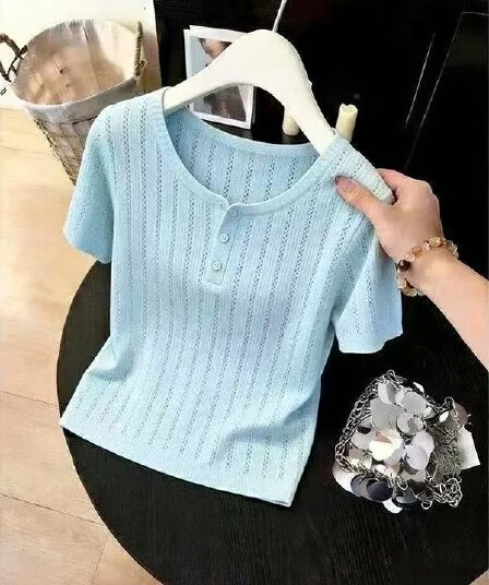 한 부서 홀로우 아웃 반팔 긍정적 인 어깨 얼음 실크 니트 스웨터 여성 여름 빛 요리 한 고급 작은 대중 아니요 명중 섹션 슬림해 보이는 얇은 맨위